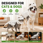Dinosaur Skeleton Pet Costume: White costumes on a cat and dog with indoor and Halloween scenes.