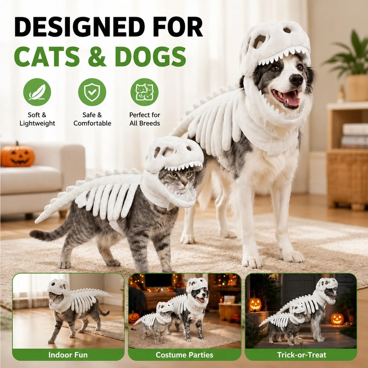 Dinosaur Skeleton Pet Costume: White costumes on a cat and dog with indoor and Halloween scenes.