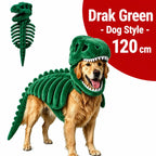 Dinosaur Skeleton Pet Costume: dark green costume on a golden retriever with costume inset, labeled 120cm.