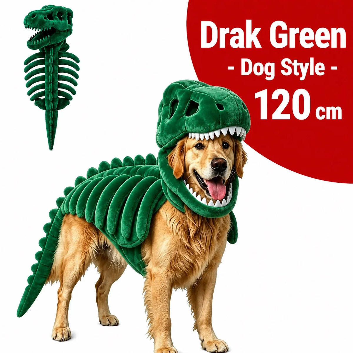 Dinosaur Skeleton Pet Costume: dark green costume on a golden retriever with costume inset, labeled 120cm.