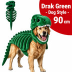 Dinosaur Skeleton Pet Costume: dark green costume on a golden retriever with costume inset, labeled 90cm.