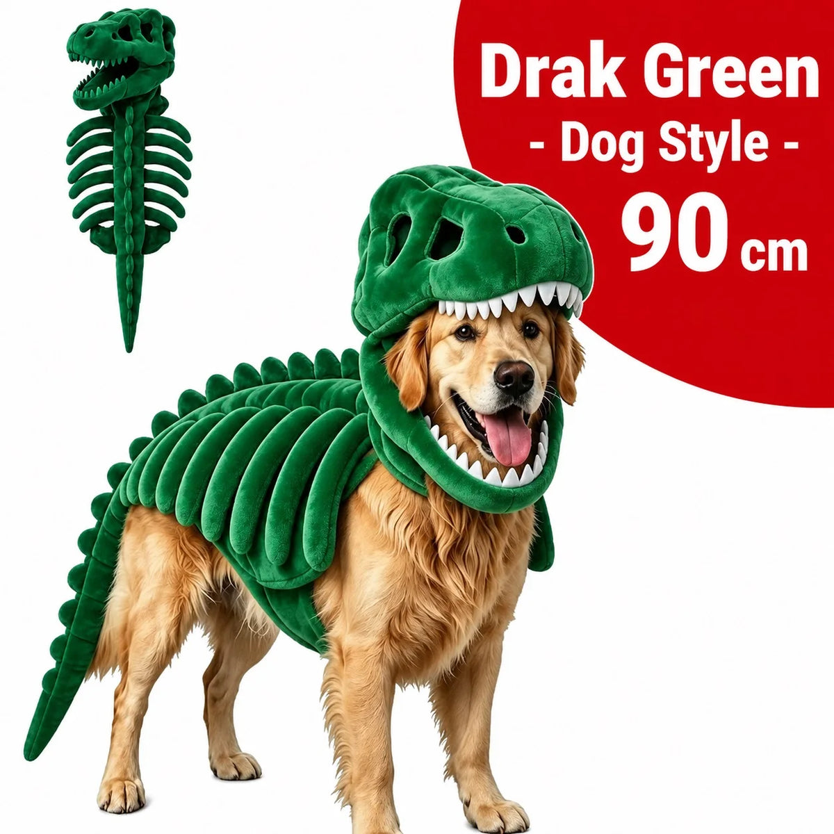 Dinosaur Skeleton Pet Costume: dark green costume on a golden retriever with costume inset, labeled 90cm.
