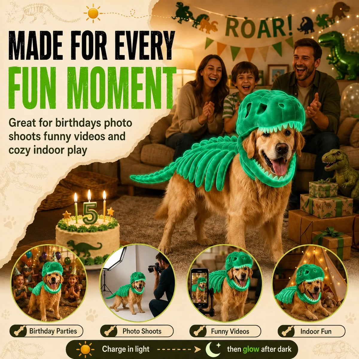 Dinosaur Skeleton Pet Costume: Green costume on a dog at a dinosaur birthday party with photo and video examples.