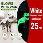 Dinosaur Skeleton Pet Costume: White costume on a cat with green glow demonstration, labeled 25cm.