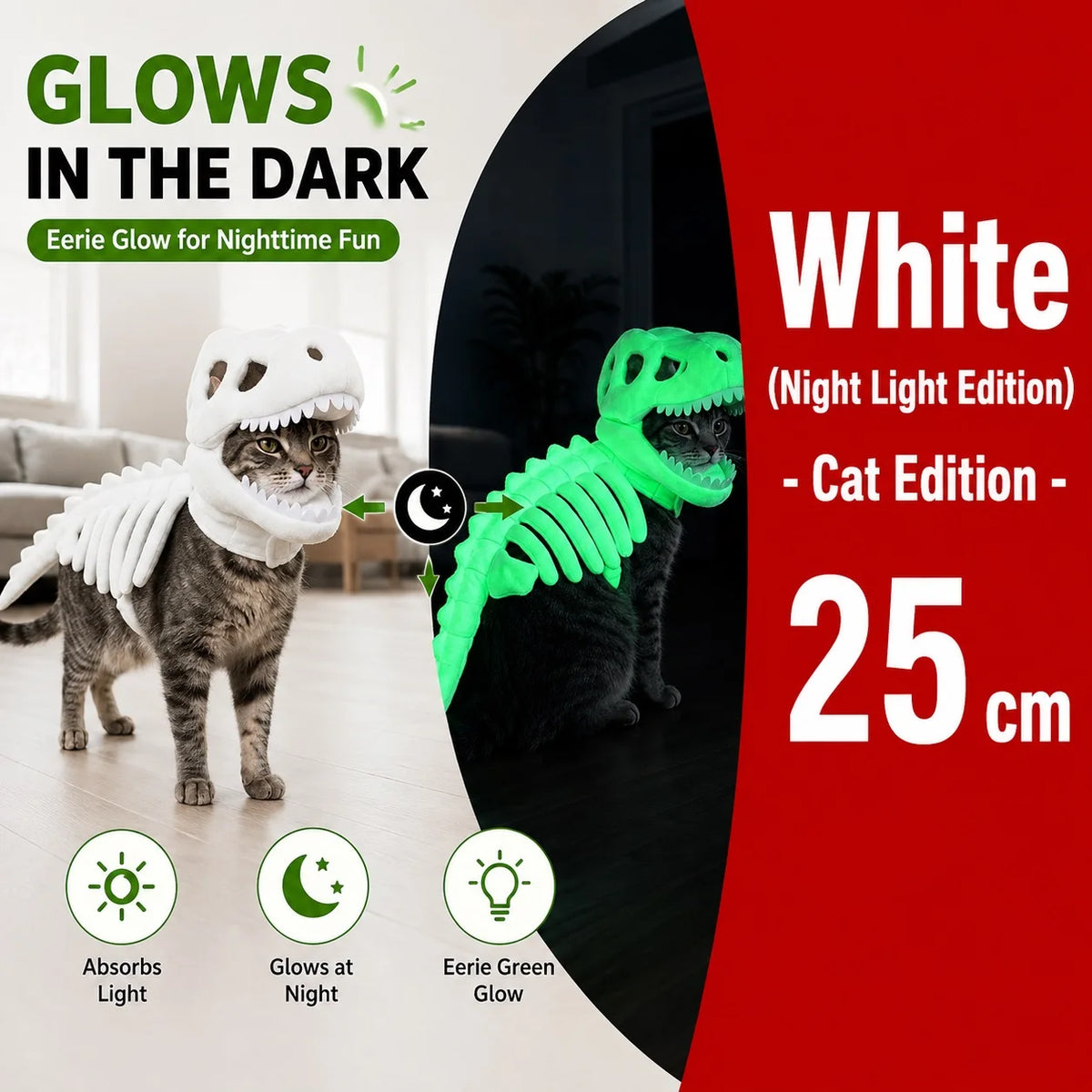 Dinosaur Skeleton Pet Costume: White costume on a cat with green glow demonstration, labeled 25cm.
