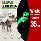 Dinosaur Skeleton Pet Costume: White costume on a cat with green glow demonstration, labeled 35cm.