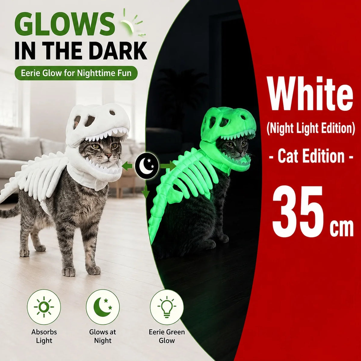 Dinosaur Skeleton Pet Costume: White costume on a cat with green glow demonstration, labeled 35cm.