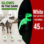 Dinosaur Skeleton Pet Costume: White costume on a cat with green glow demonstration, labeled 45cm.