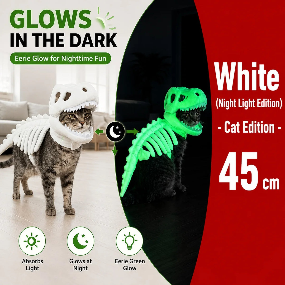 Dinosaur Skeleton Pet Costume: White costume on a cat with green glow demonstration, labeled 45cm.