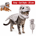 Dinosaur Skeleton Pet Costume: Gray costume on a cat, labeled 25cm, with dog and costume detail insets.