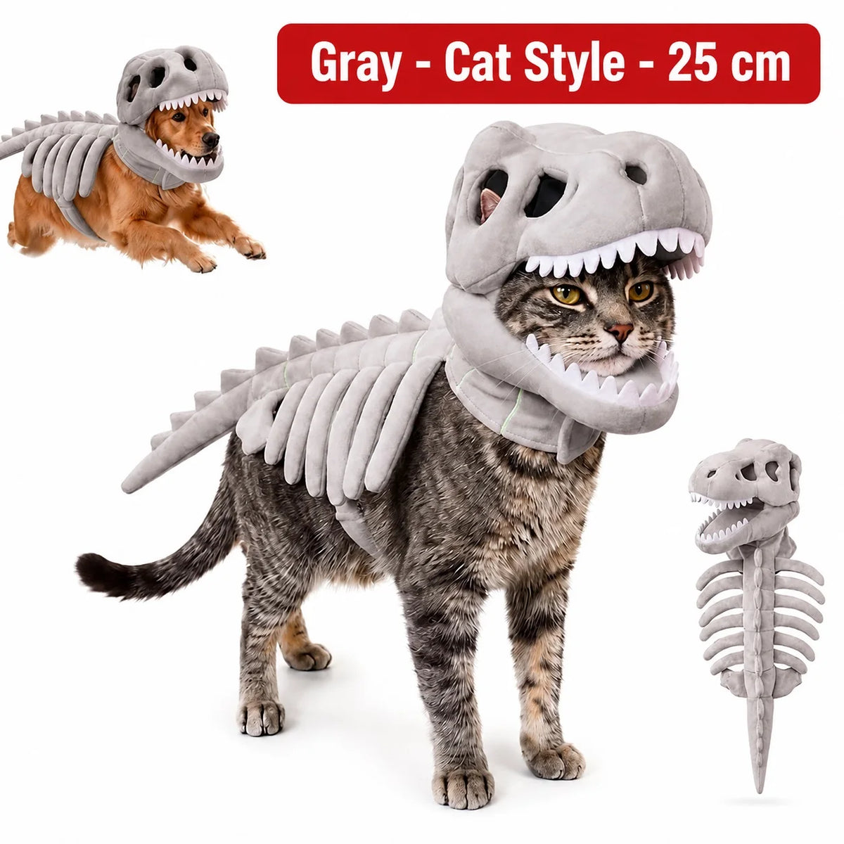 Dinosaur Skeleton Pet Costume: Gray costume on a cat, labeled 25cm, with dog and costume detail insets.