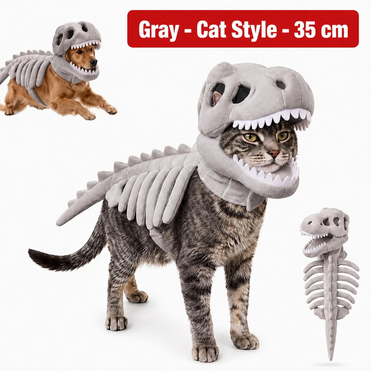 Dinosaur Skeleton Pet Costume: Gray costume on a cat, labeled 35cm, with dog and costume detail insets.