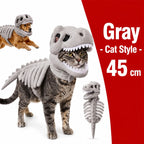 Dinosaur Skeleton Pet Costume: Gray costume on a cat, labeled 45cm, with dog and costume detail insets.