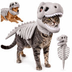 Dinosaur Skeleton Pet Costume: Gray costume on a cat with dog inset and full skull, ribs and tail view.