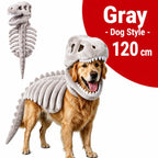 Dinosaur Skeleton Pet Costume: gray costume on a golden retriever with costume inset, labeled 120cm.