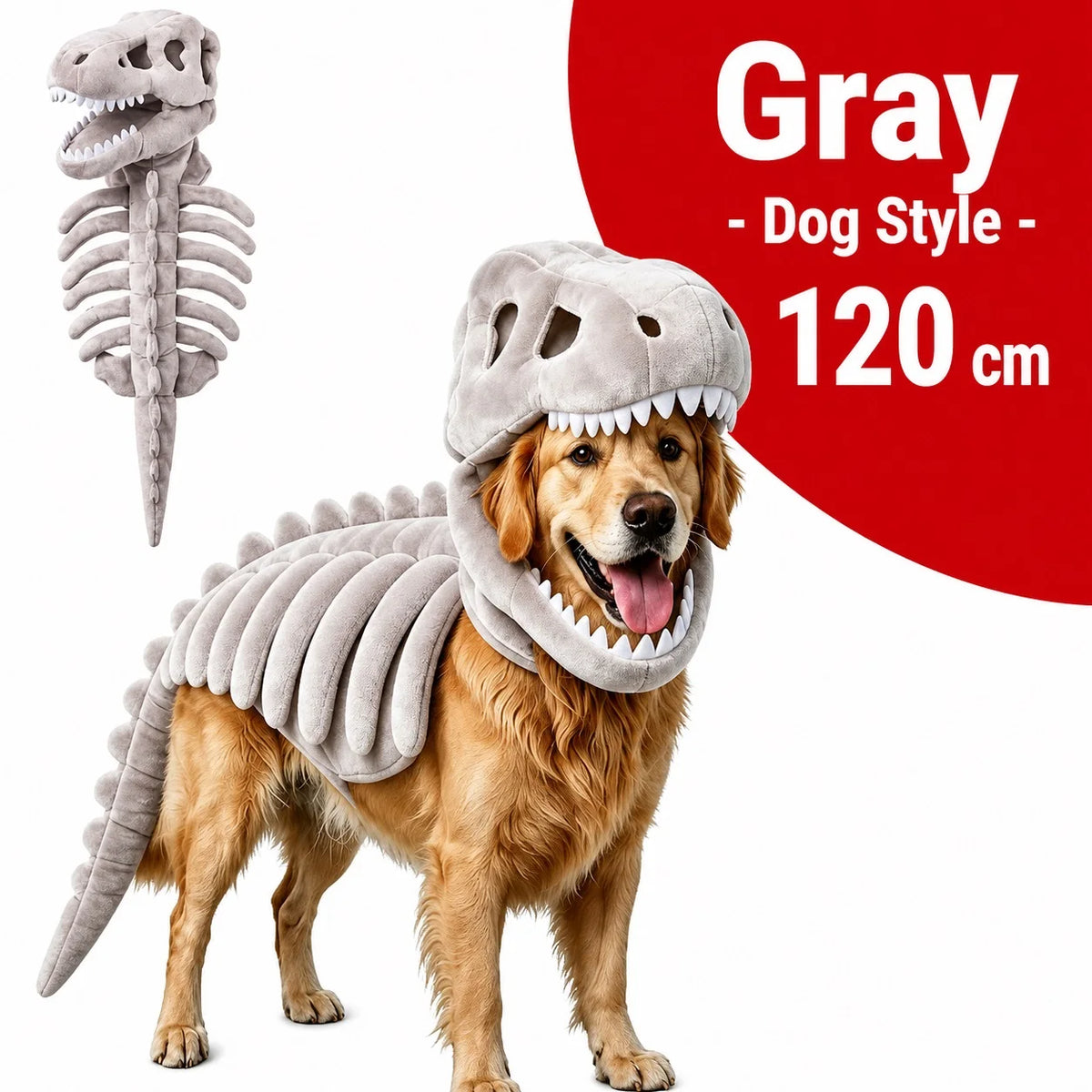 Dinosaur Skeleton Pet Costume: gray costume on a golden retriever with costume inset, labeled 120cm.