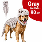 Dinosaur Skeleton Pet Costume: gray costume on a golden retriever with costume inset, labeled 90cm.