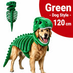 Dinosaur Skeleton Pet Costume: green costume on a golden retriever with costume inset, labeled 120cm.
