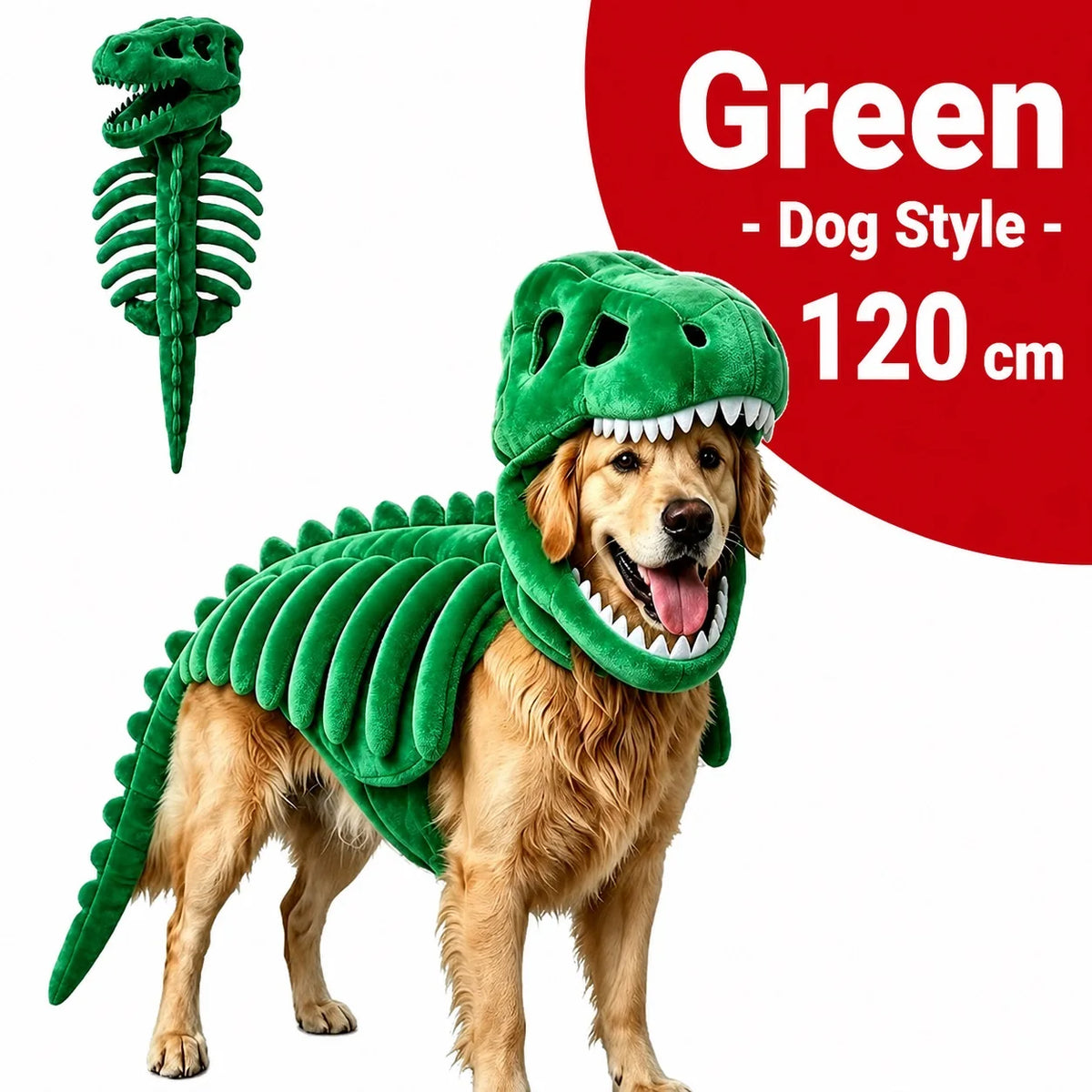 Dinosaur Skeleton Pet Costume: green costume on a golden retriever with costume inset, labeled 120cm.