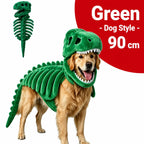Dinosaur Skeleton Pet Costume: green costume on a golden retriever with costume inset, labeled 90cm.