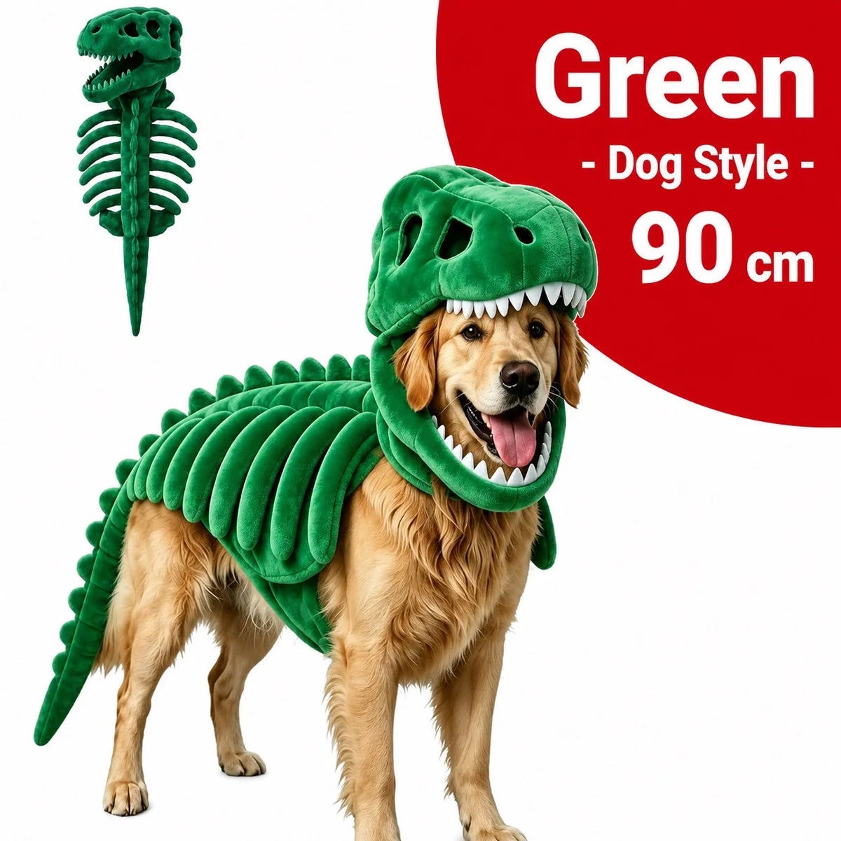 Dinosaur Skeleton Pet Costume: green costume on a golden retriever with costume inset, labeled 90cm.