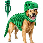 Dinosaur Skeleton Pet Costume: Green costume on a golden retriever with a full skeleton costume inset.
