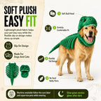 Dinosaur Skeleton Pet Costume: Green costume on a dog with skull, tail and plush fabric feature callouts.