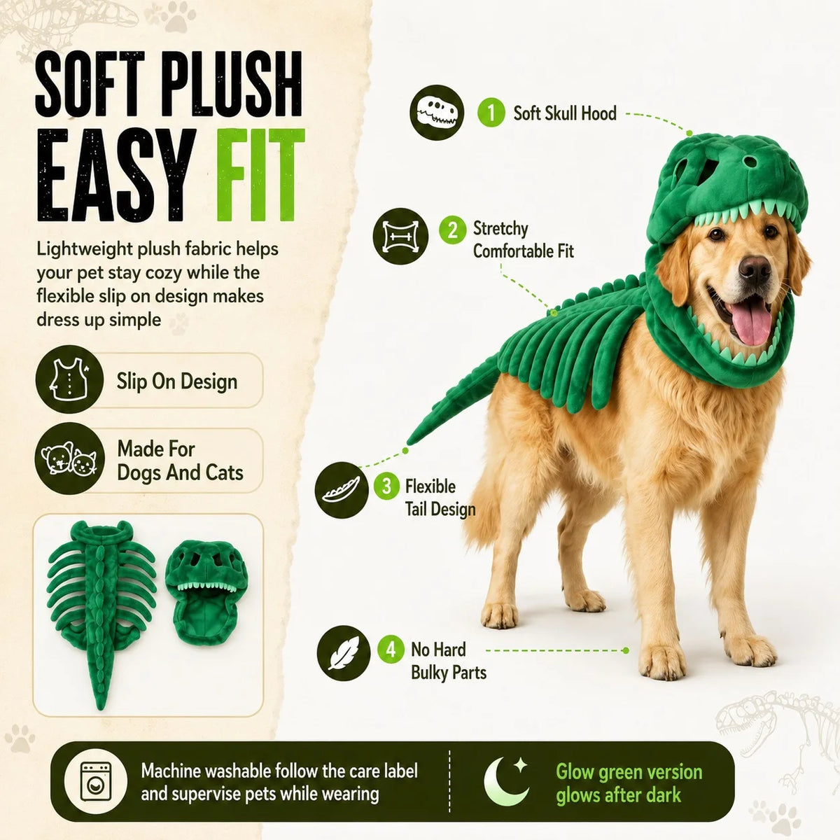 Dinosaur Skeleton Pet Costume: Green costume on a dog with skull, tail and plush fabric feature callouts.