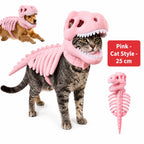 Dinosaur Skeleton Pet Costume: Pink costume on a cat, labeled 25cm, with dog and costume detail insets.