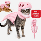 Dinosaur Skeleton Pet Costume: Pink costume on a cat, labeled 35cm, with dog and costume detail insets.