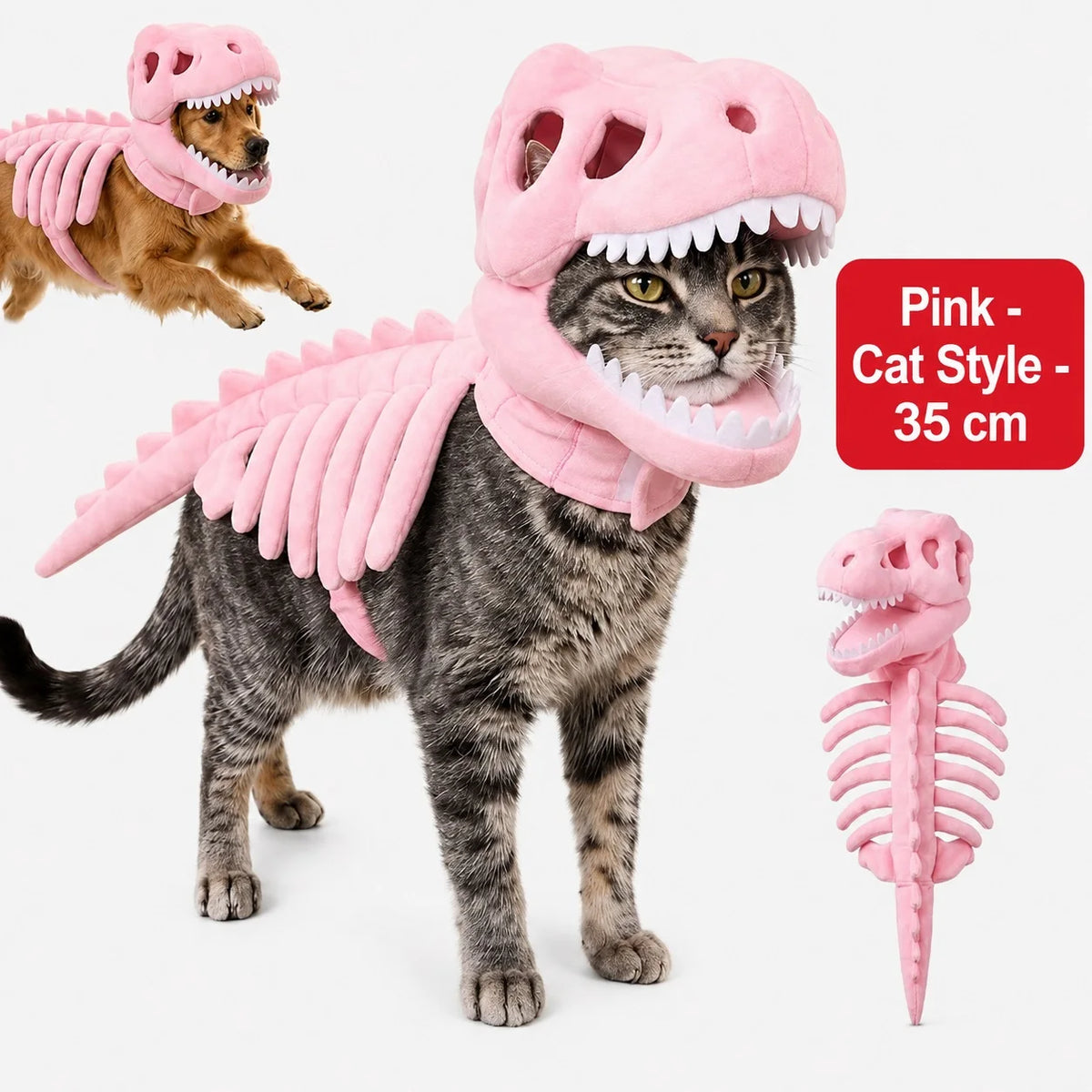 Dinosaur Skeleton Pet Costume: Pink costume on a cat, labeled 35cm, with dog and costume detail insets.