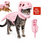 Dinosaur Skeleton Pet Costume: Pink costume on a cat, labeled 45cm, with dog and costume detail insets.