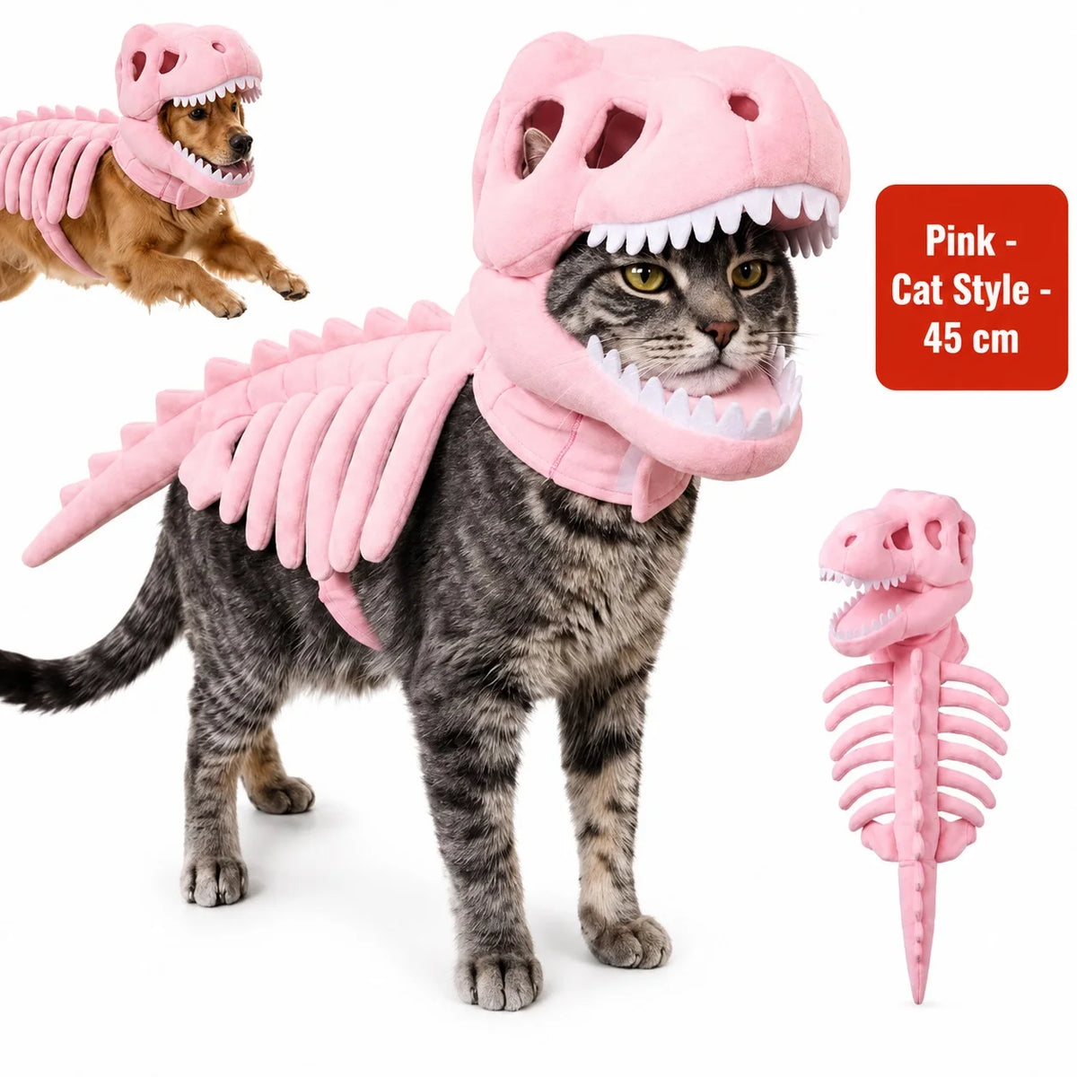 Dinosaur Skeleton Pet Costume: Pink costume on a cat, labeled 45cm, with dog and costume detail insets.