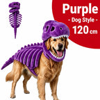Dinosaur Skeleton Pet Costume: purple costume on a golden retriever with costume inset, labeled 120cm.