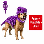 Dinosaur Skeleton Pet Costume: purple costume on a golden retriever with costume inset, labeled 90cm.