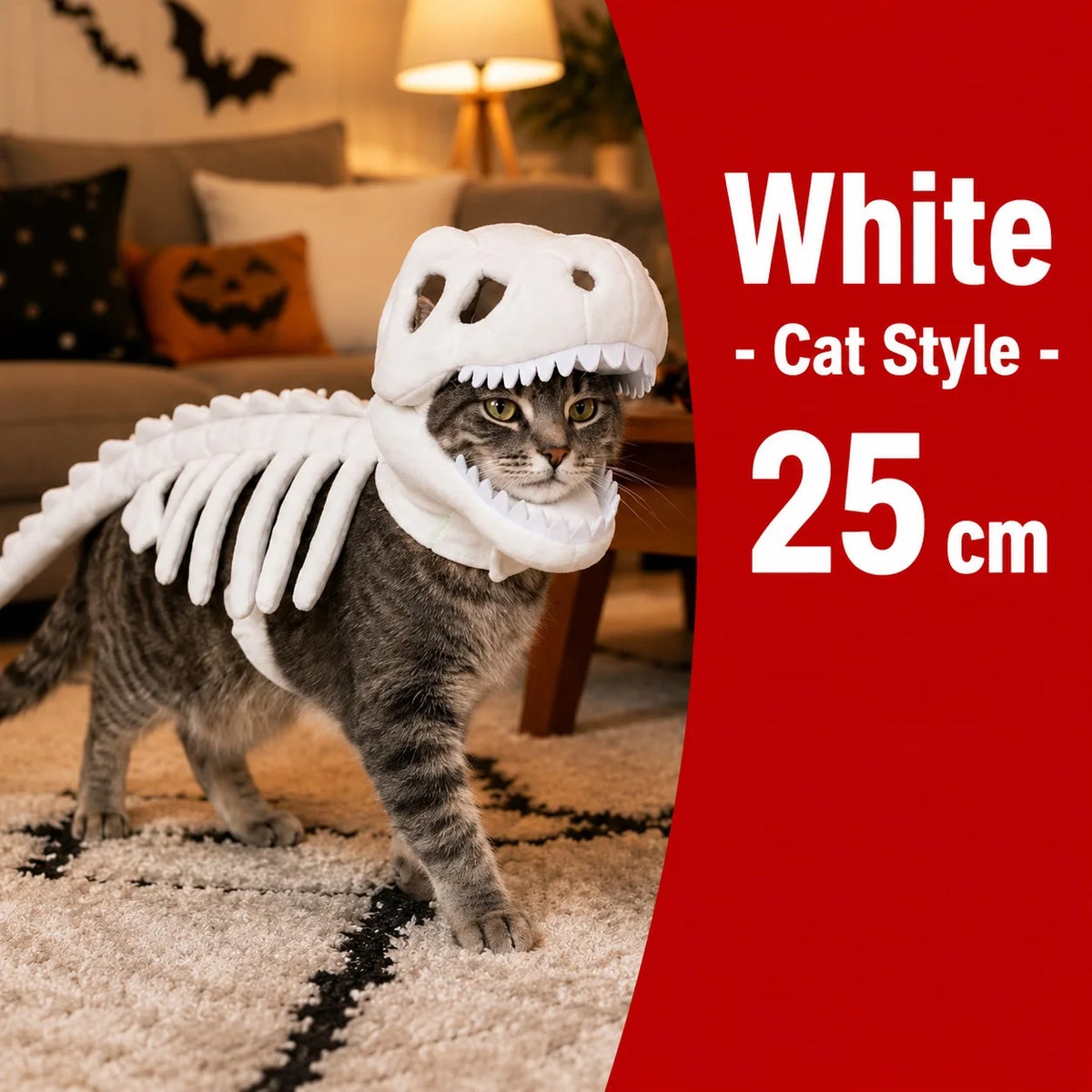 Dinosaur Skeleton Pet Costume: White costume on a cat in a Halloween living room, labeled 25cm.