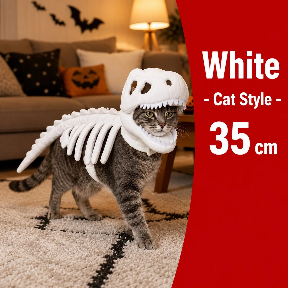 Dinosaur Skeleton Pet Costume: White costume on a cat in a Halloween living room, labeled 35cm.