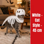 Dinosaur Skeleton Pet Costume: White costume on a cat in a Halloween living room, labeled 45cm.