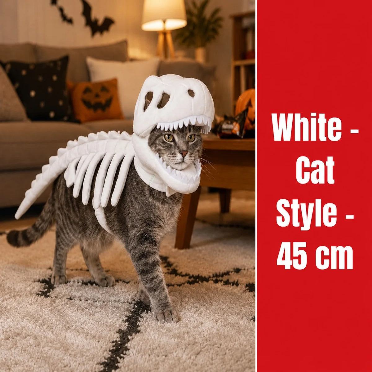Dinosaur Skeleton Pet Costume: White costume on a cat in a Halloween living room, labeled 45cm.