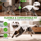 Dinosaur Skeleton Pet Costume: White costume on a cat with before and after views and movement details.