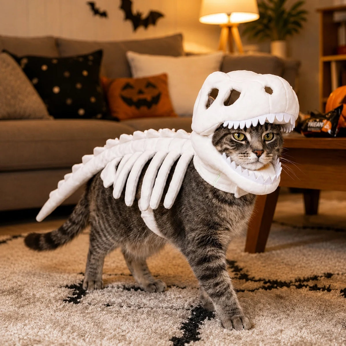 Dinosaur Skeleton Pet Costume: White costume on a cat beside a sofa and Halloween pumpkin decorations.