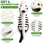 Dinosaur Skeleton Pet Costume: Overhead white costume on a cat with headpiece, ribs and fabric close-ups.