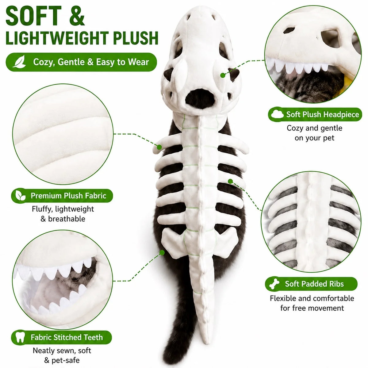 Dinosaur Skeleton Pet Costume: Overhead white costume on a cat with headpiece, ribs and fabric close-ups.