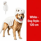 Dinosaur Skeleton Pet Costume: white costume on a golden retriever with costume inset, labeled 120cm.