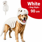 Dinosaur Skeleton Pet Costume: white costume on a golden retriever with costume inset, labeled 90cm.