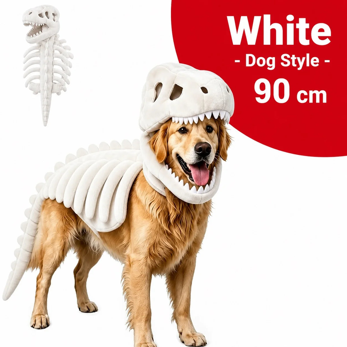 Dinosaur Skeleton Pet Costume: white costume on a golden retriever with costume inset, labeled 90cm.