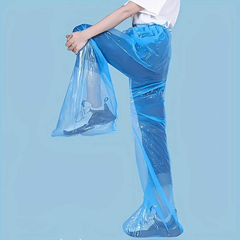 Blue Disposable Rain Pants shown bending at the knee for easy movement over clothing