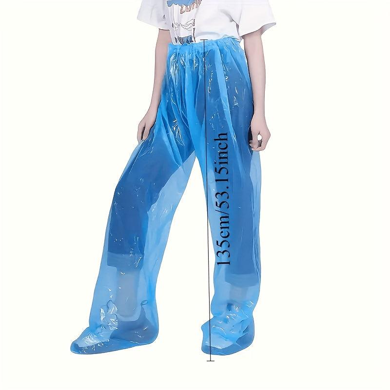 Blue Disposable Rain Pants supplier length diagram shown on a white background