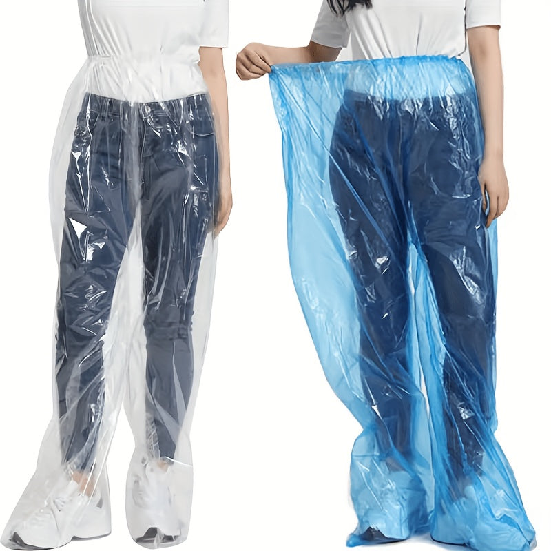 Disposable Rain Pants blue and transparent color options shown side by side