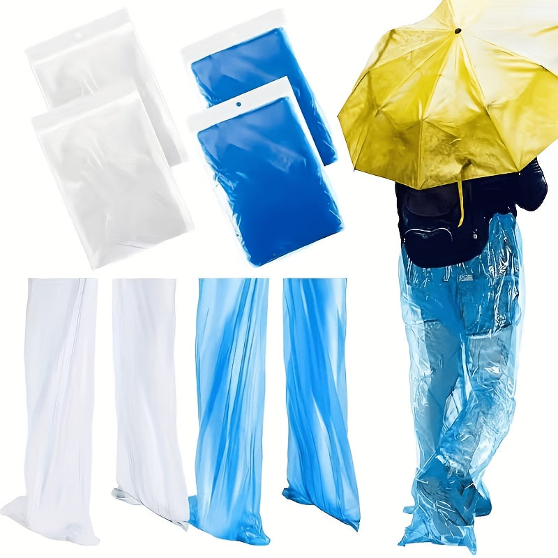 Disposable Rain Pants in blue and transparent options shown packaged and worn with an umbrella